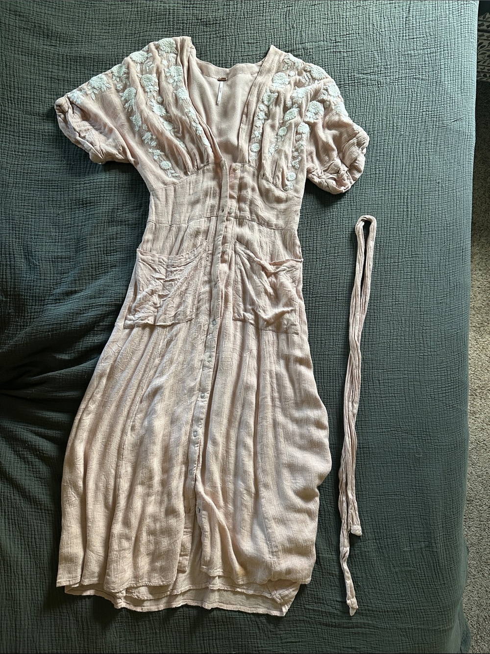 Free People Blush Pink Embroidered Button-Front Midi Dress